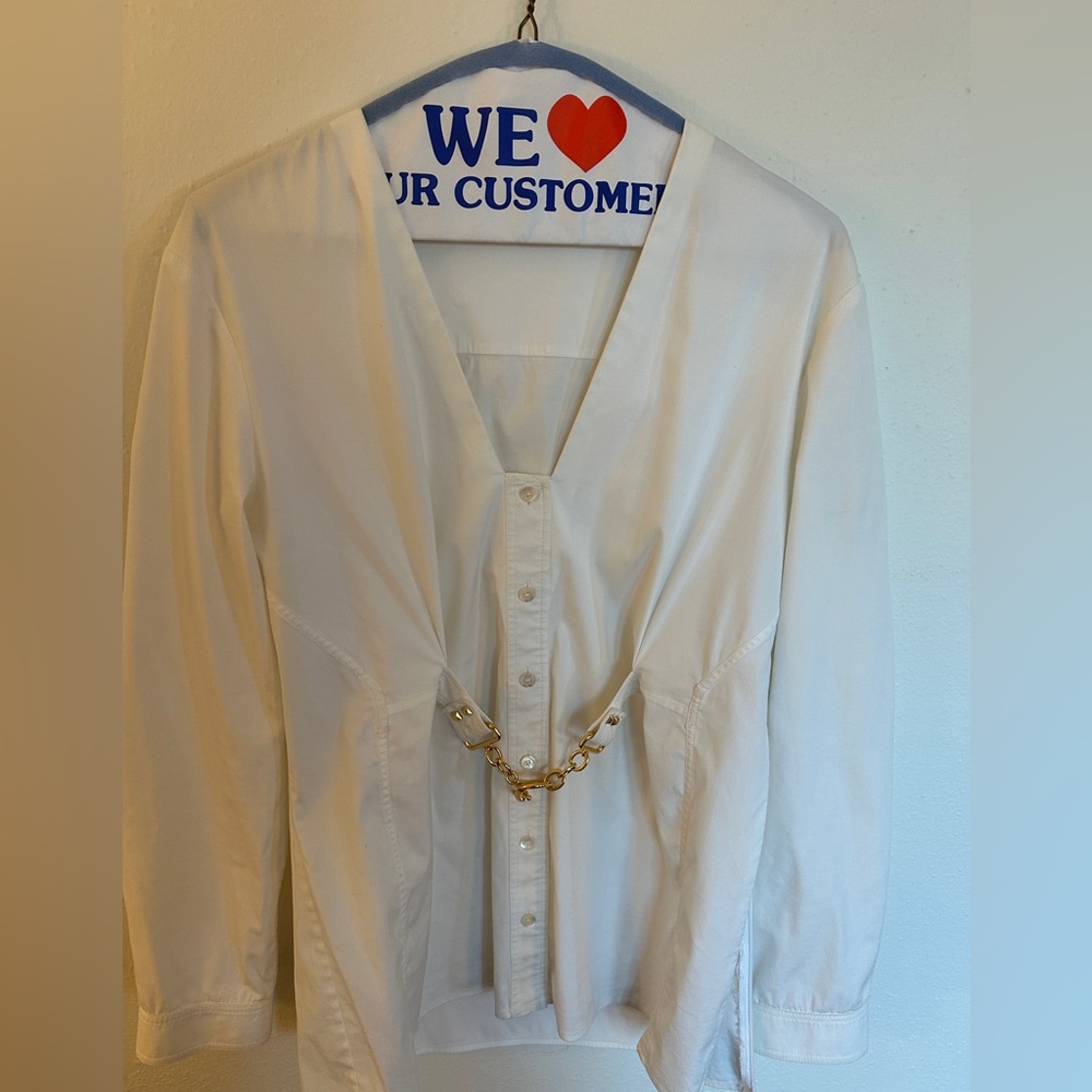 Beautiful vintage white Gucci shirt with gold hardware at waist. Size 44.